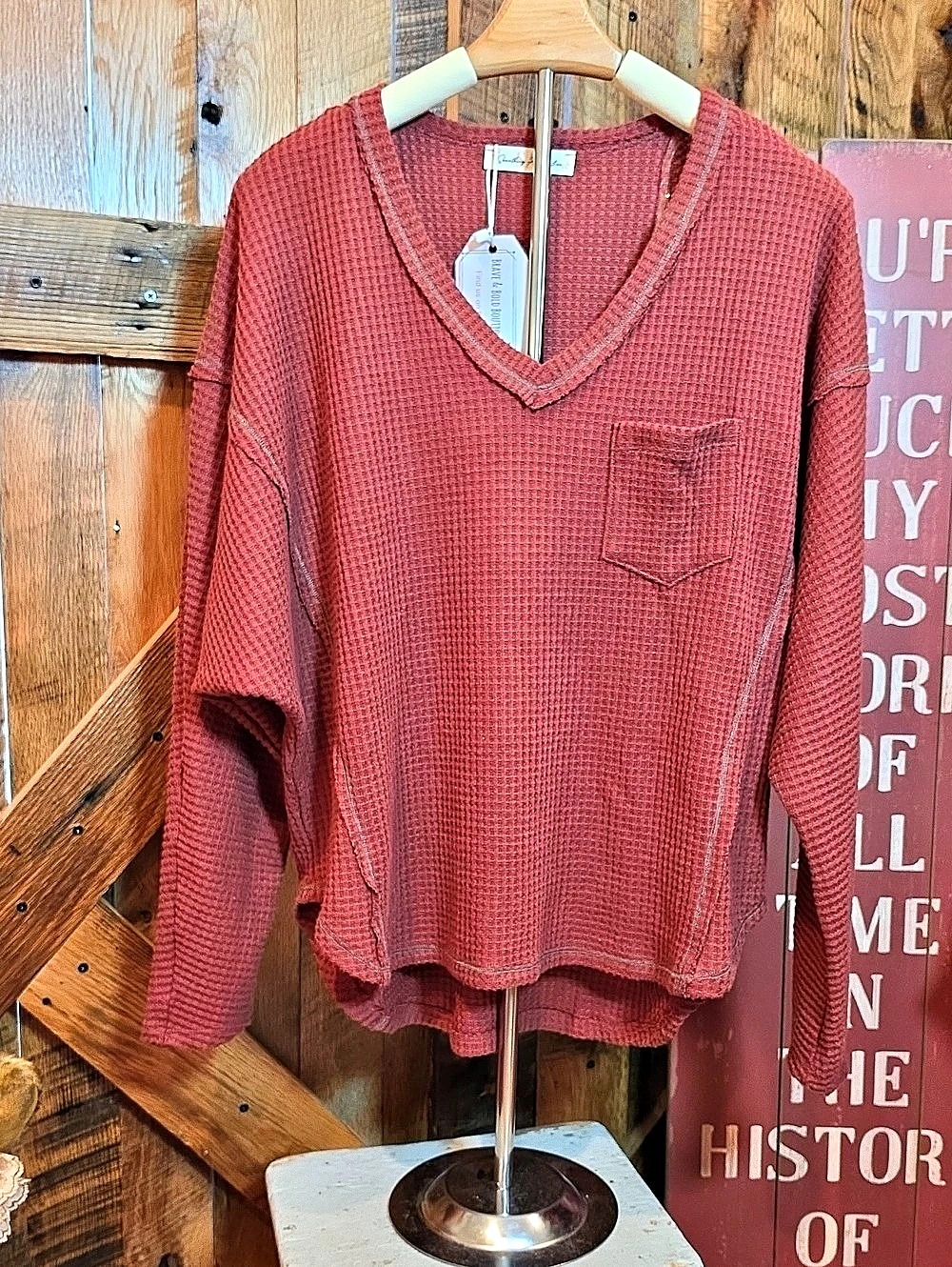 272p Something About You Long Sleeve Waffle Top in Brick Red NWT